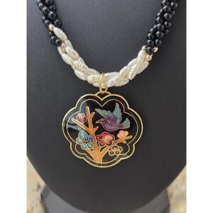 Customized Vintage Rice Pearl Necklace With Modern Cloisonne Pendant Floral Bird